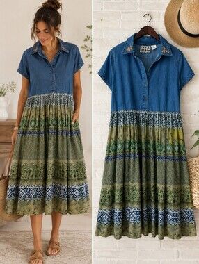 Vintage M.P.H. India Boho Chambray Midi Dress XL Festival Prairie Cottagecore